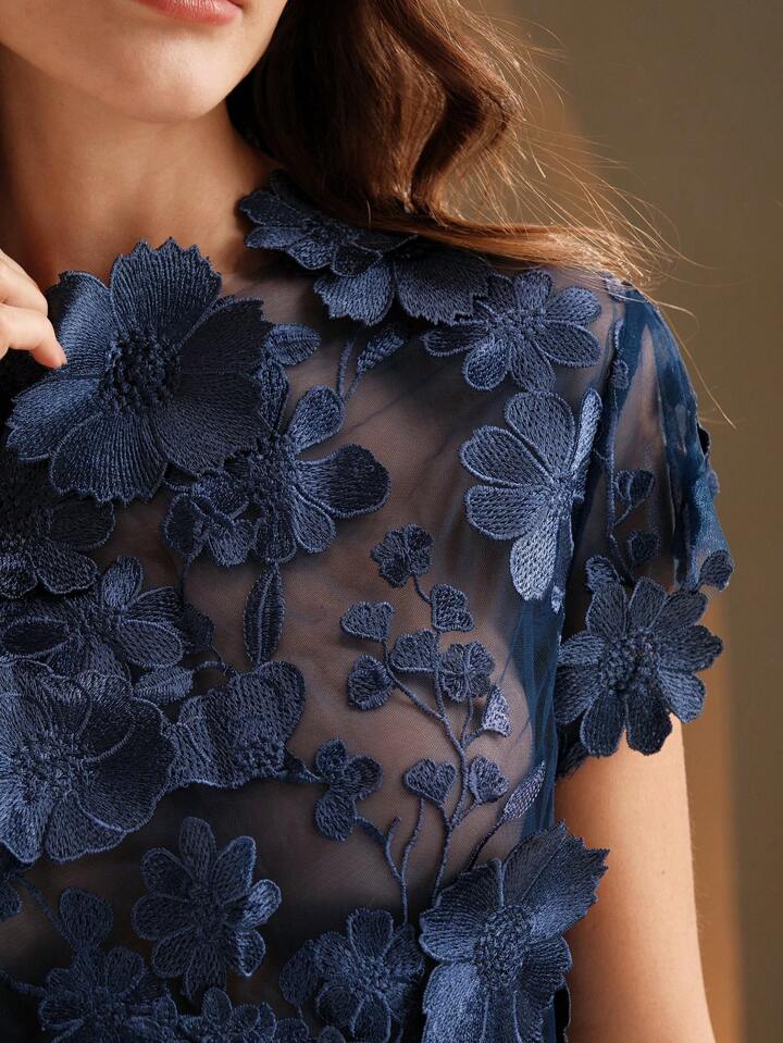 CM-TS154467 Women Elegant Seoul Style Round Neck Flounce Sleeve Embroidery Floral Applique Blouse - Navy Blue