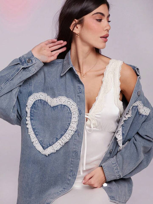 CM-CS487800 Women Casual Seoul Style Medium Wash Collar Neckline Long Sleeve Eyelet Trim Heart Pocket Denim Shirt Jacket
