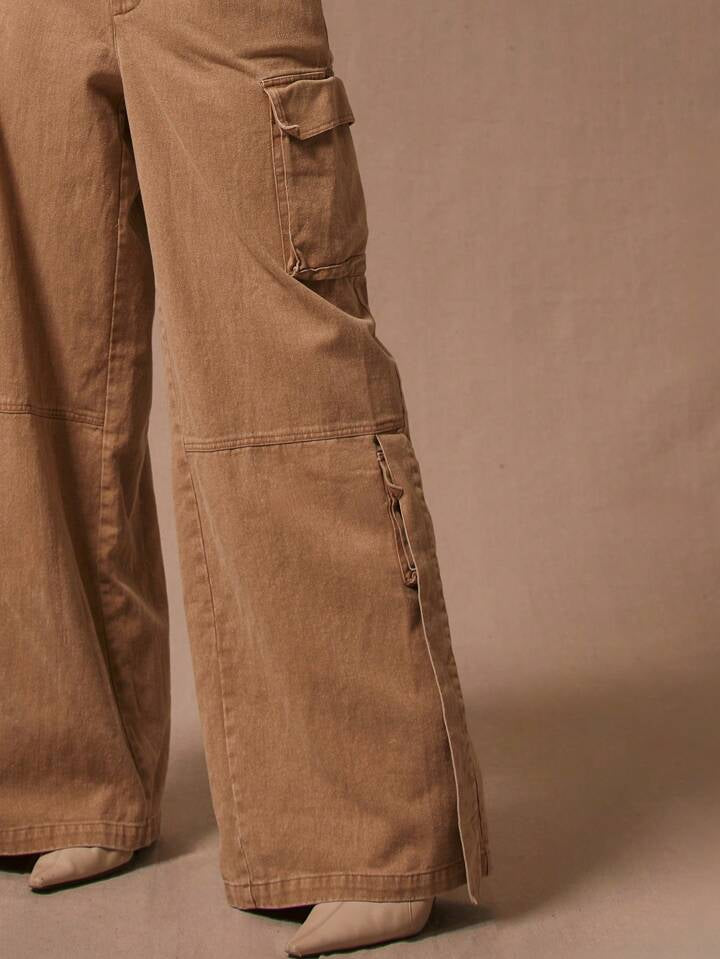 CM-BS190500 Women Casual Seoul Style Low Waist Wide Leg Cargo Trousers - Brown