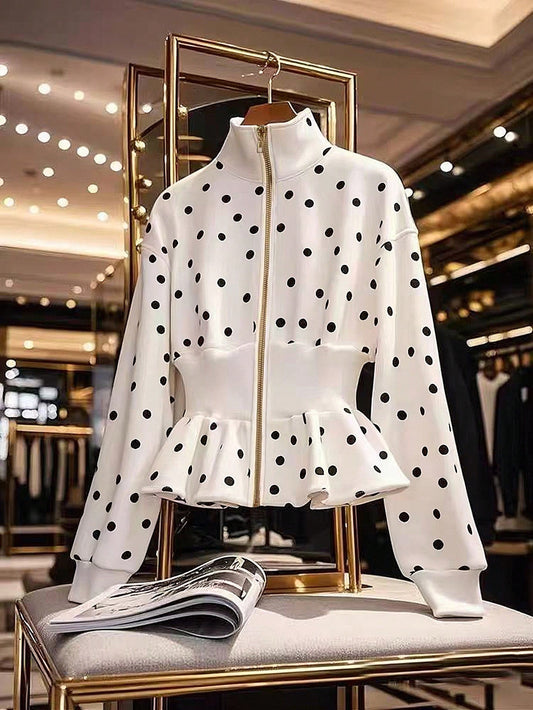 CM-CS807603 Women Elegant Seoul Style Funnel Neckline Long Sleeve Polka Dot Ruffle Hem Knitted Coat