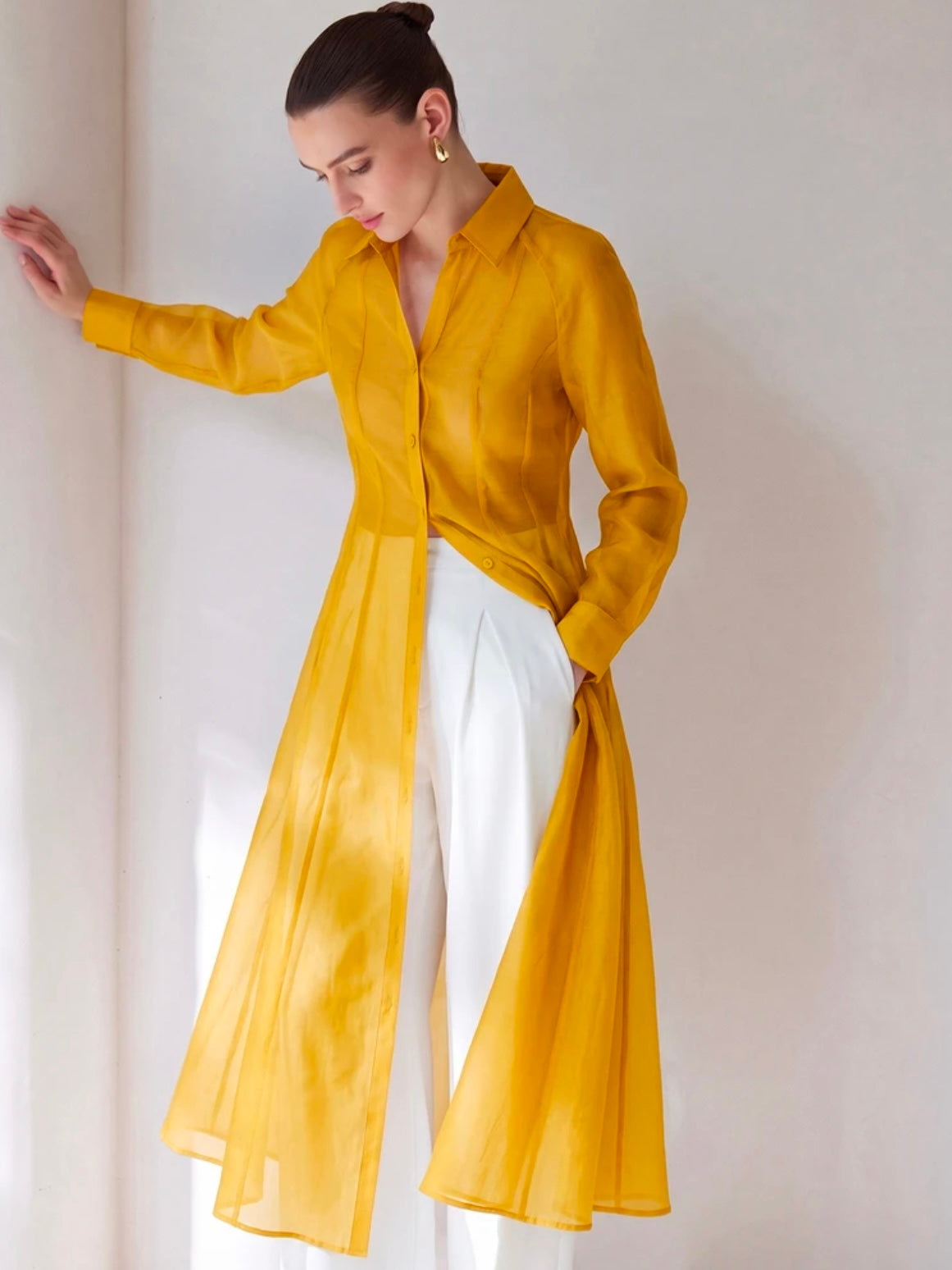 CM-TS234034 Women Casual Seoul Style Translucent Textured V-Neck Long Sleeve Gathered Waist Shirtdress - Yellow
