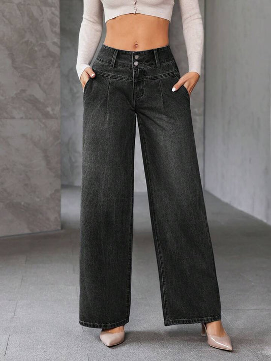 CM-BS372331 Women Casual Seoul Style Front Button Pocket Wide Leg Denim Jeans - Dark Gray