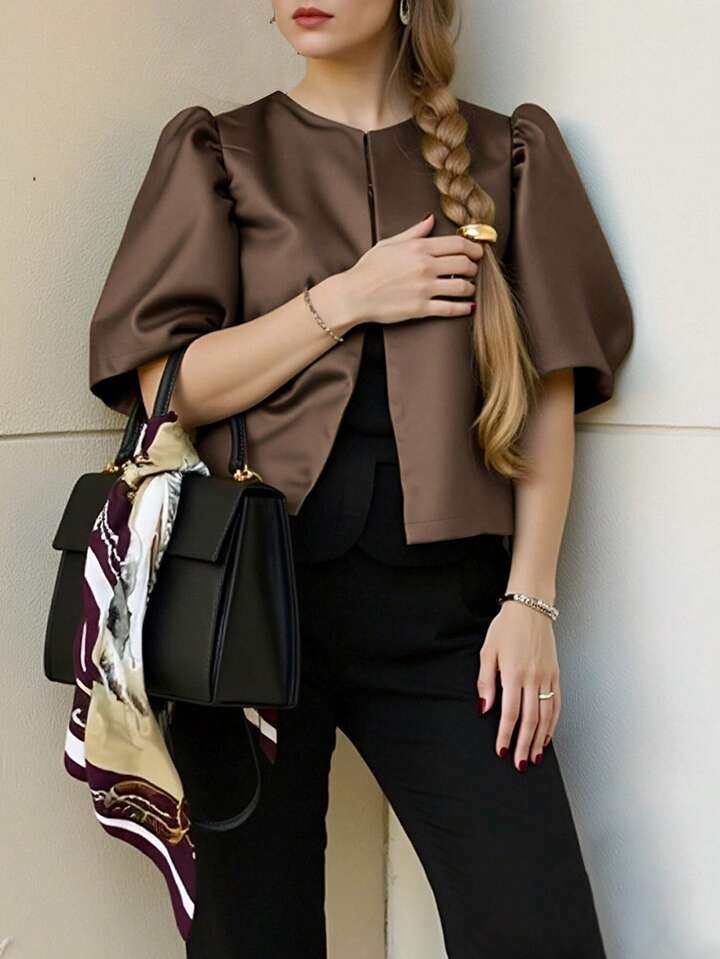 CM-TS469639 Women Elegant Seoul Style Solid Color Round Neck Puff Sleeve Shirt - Brown