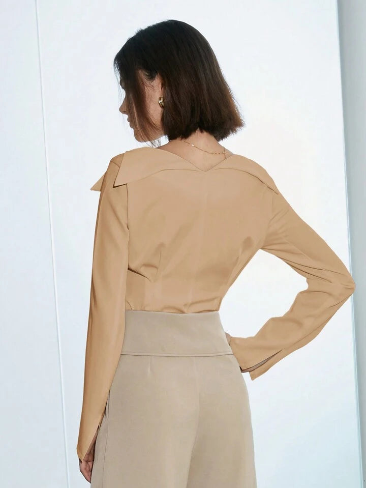 CM-TS767698 Women Elegant Seoul Style V-Neck Solid Color Long Sleeve Shirt - Khaki