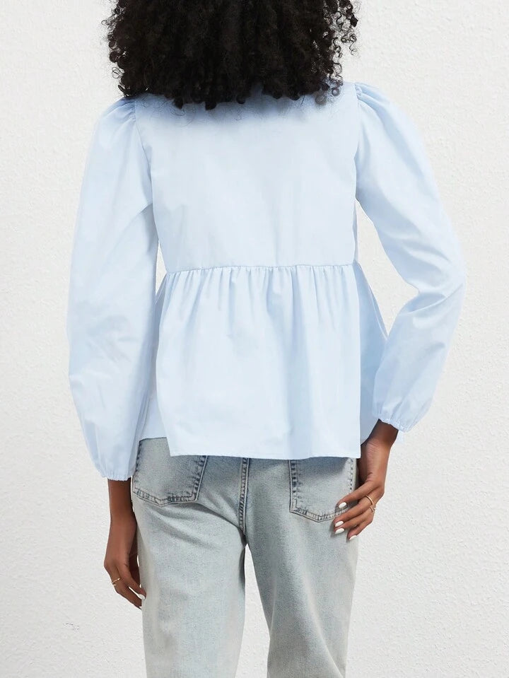 CM-TS617176 Women Casual Seoul Style Print Ruffle Hem Tie Long Sleeve Shirt - Baby Blue