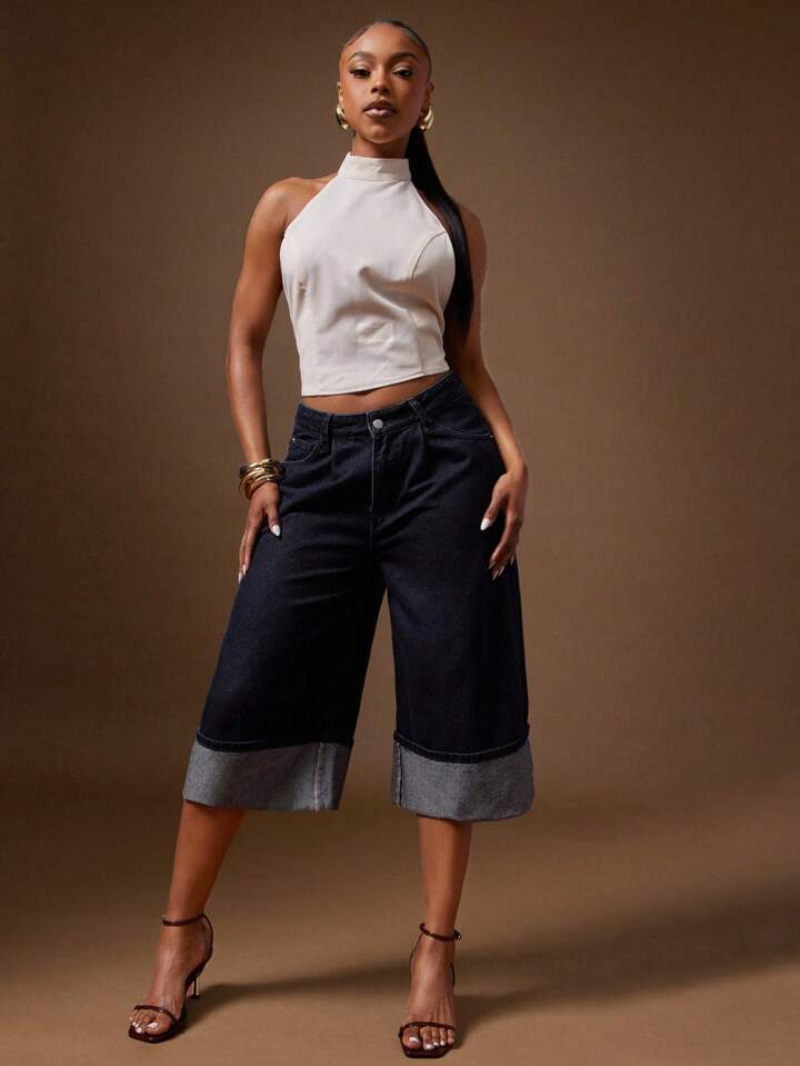 CM-BS553135 Women Casual Seoul Style Cuffed Hem Zipper Fly Wide Leg Denim Shorts - Navy Blue