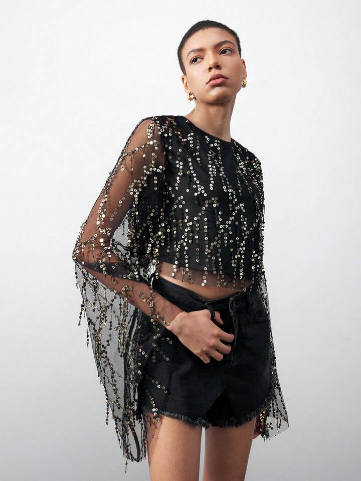 CM-TS219613 Women Elegant Seoul Style Round Neck Sequined Mesh Flare Sleeves Top