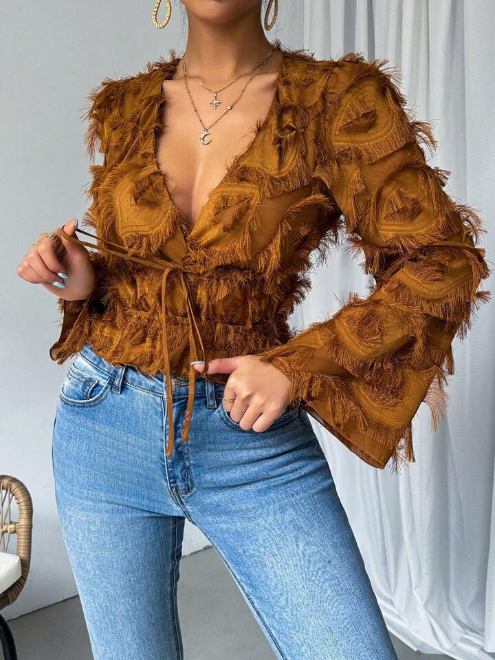 CM-TS253769 Women Casual Seoul Style Fringed Flare Sleeve Tie Front Shirt - Brown