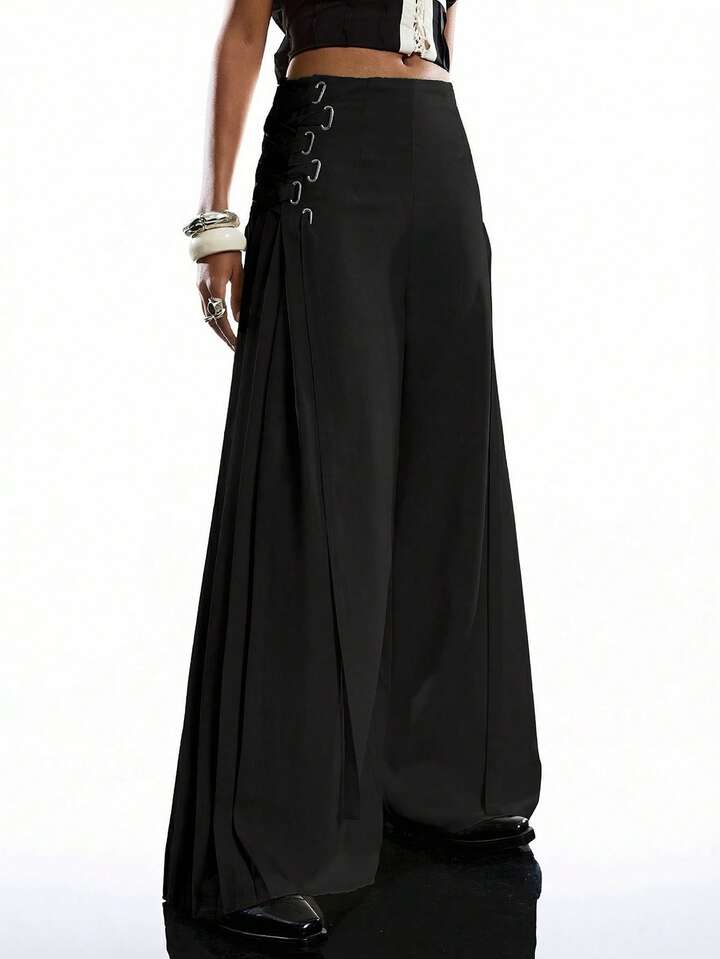 CM-BS550406 Women Casual Seoul Style Solid Color Minimalist Tie-Up Pants Dress Over Pants - Black