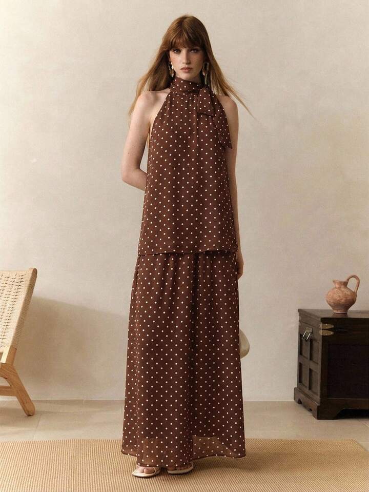CM-SS926927 Women Trendy Bohemian Style Chiffon Polka Dot Print Sleeveless Halter Neck Top With Skirt - Set