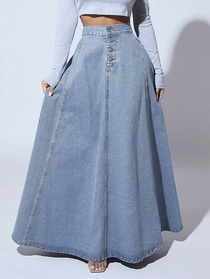 CM-BS877697 Women Casual Seoul Style Light Wash High Waist Button Front Extra Long Denim Skirt