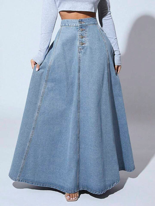 CM-BS877697 Women Casual Seoul Style Light Wash High Waist Button Front Extra Long Denim Skirt