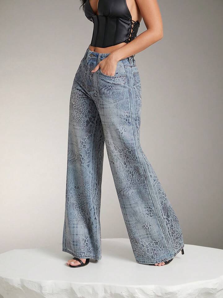 CM-BS802901 Women Casual Seoul Style Leopard Plaid Foil Print High Waist Wide Leg Denim Jeans