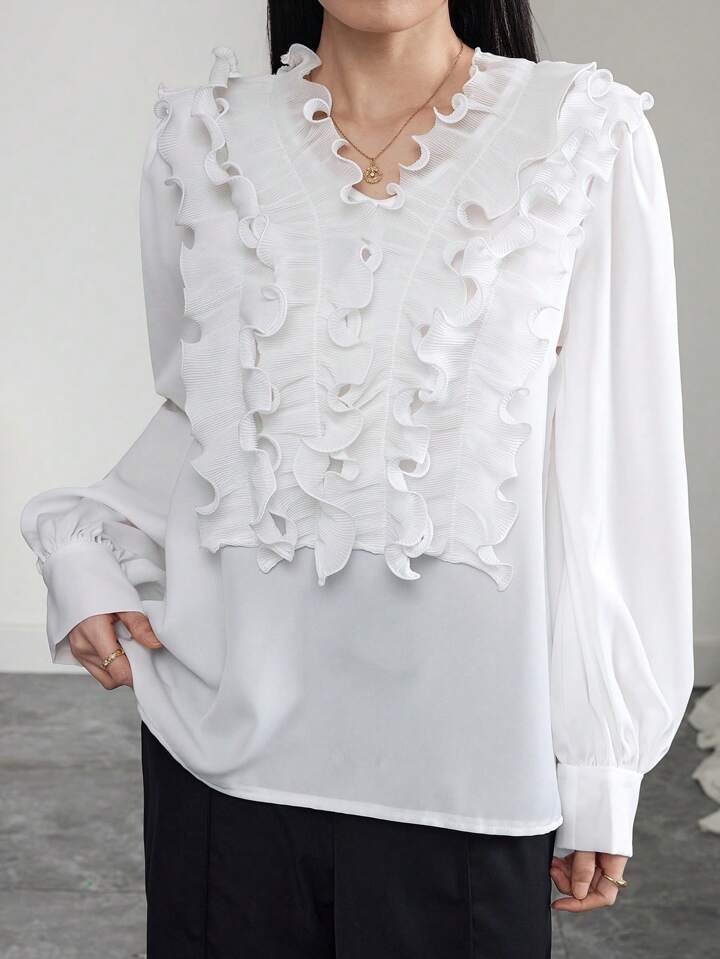 CM-TS600109 Women Elegant Seoul Style V-Neck Loose Fit Long Sleeve Frill Trim Blouse - White