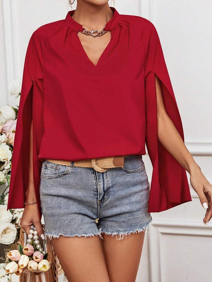 CM-TS630237 Women Elegant Seoul Style Notched Neckline Cape Sleeve Shirt - Red