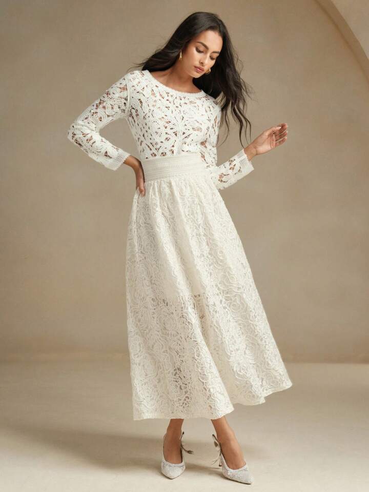 CM-BS269985 Women Elegant Seoul Style High Waist Floral Lace Jacquard Sheer Layered Skirt - Apricot