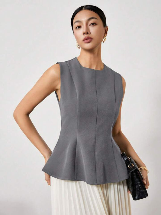 CM-TS122550 Women Elegant Seoul Style Solid Color Crew Neck Sleeveless Pleated Slim Fit T-Shirt - Dark Gray