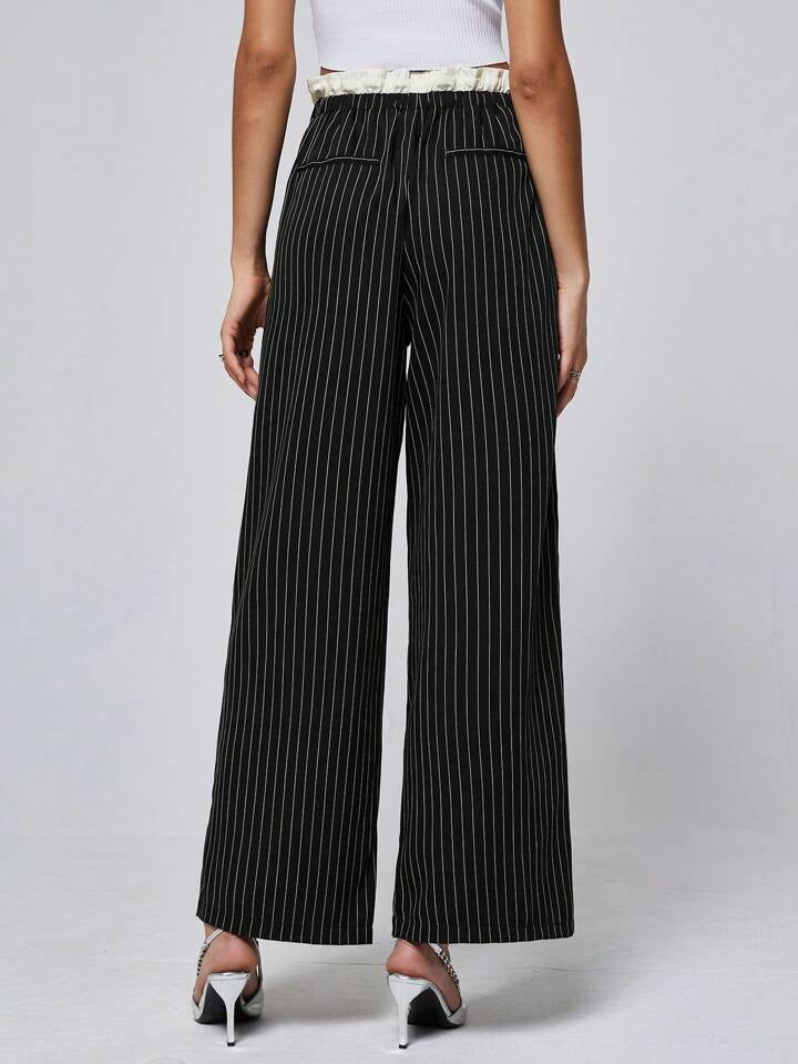 CM-BS112828 Women Casual Seoul Style Color Block Double Waist Wide Leg Striped Long Pants