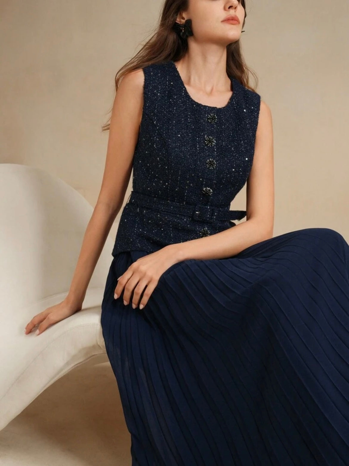 CM-DS633092 Women Elegant Seoul Style Contrast Chiffon Pleated Sleeveless Long Dress - Blue