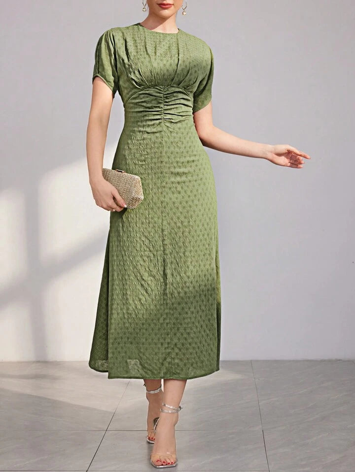 CM-DS764766 Women Elegant Seoul Style Round Neck Short Sleeve Pleated Waist Dress - Green