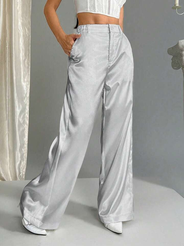 CM-BS678641 Women Casual Seoul Style Satin Elastic Waist Wide Leg Palazzo Pants - Light Gray