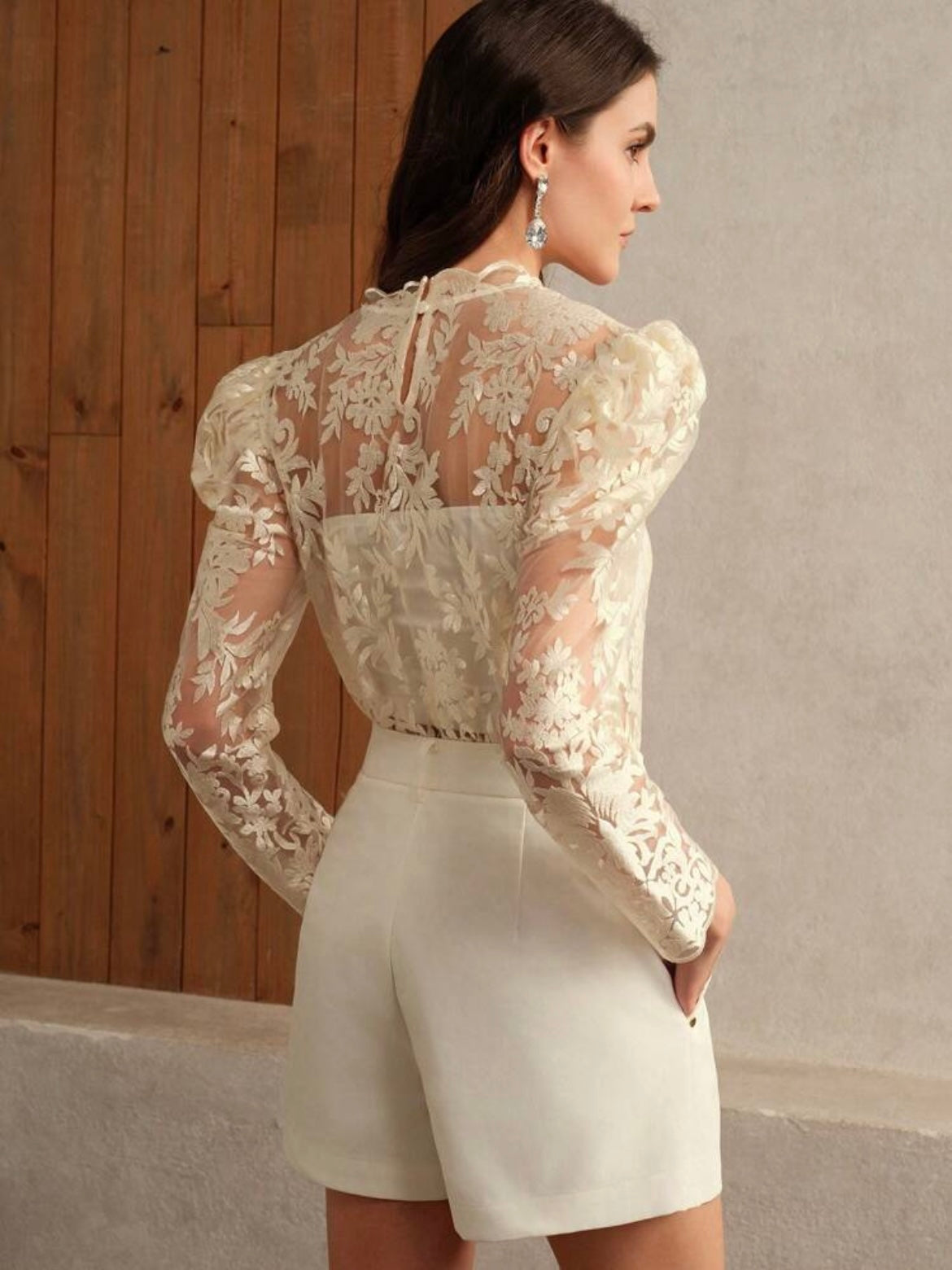 CM-TS497212 Women Elegant Seoul Style Stand Collar Puff Sleeve Embroidered Top - Apricot