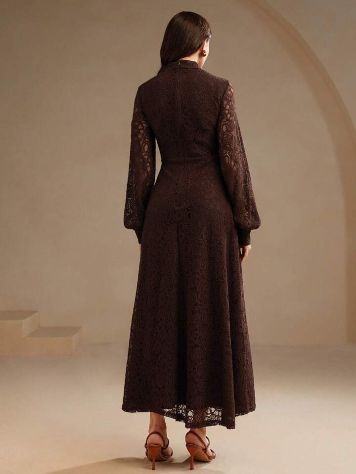 CM-DS200661 Women Elegant Seoul Style Lace Mandarin Collar Long Sleeve A-Line Dress - Brown