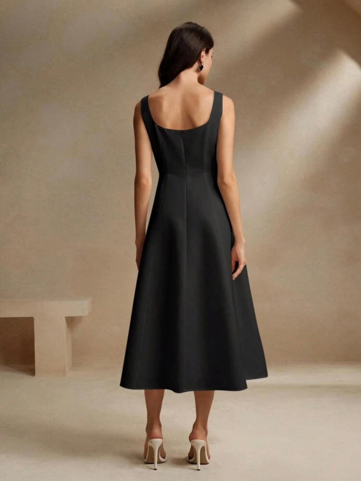 CM-DS387381 Women Elegant Seoul Style Square Neck Strap A-Line Cinched Waist Flattering Dress - Black
