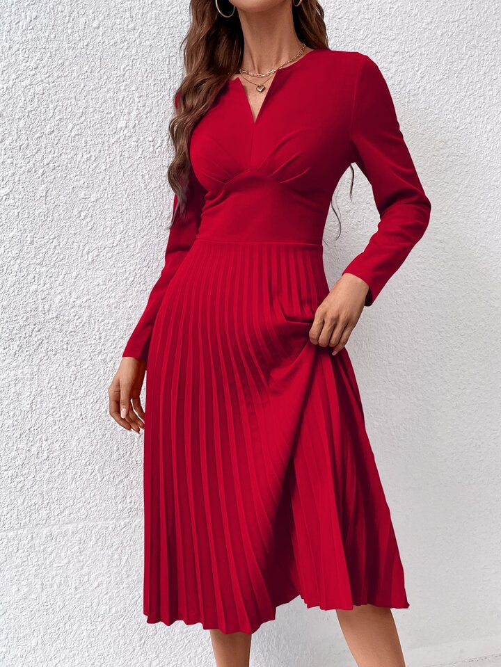 CM-DS918155 Women Elegant Seoul Style Sleeveless Notched Neckline Pleated Hem Dress - Red
