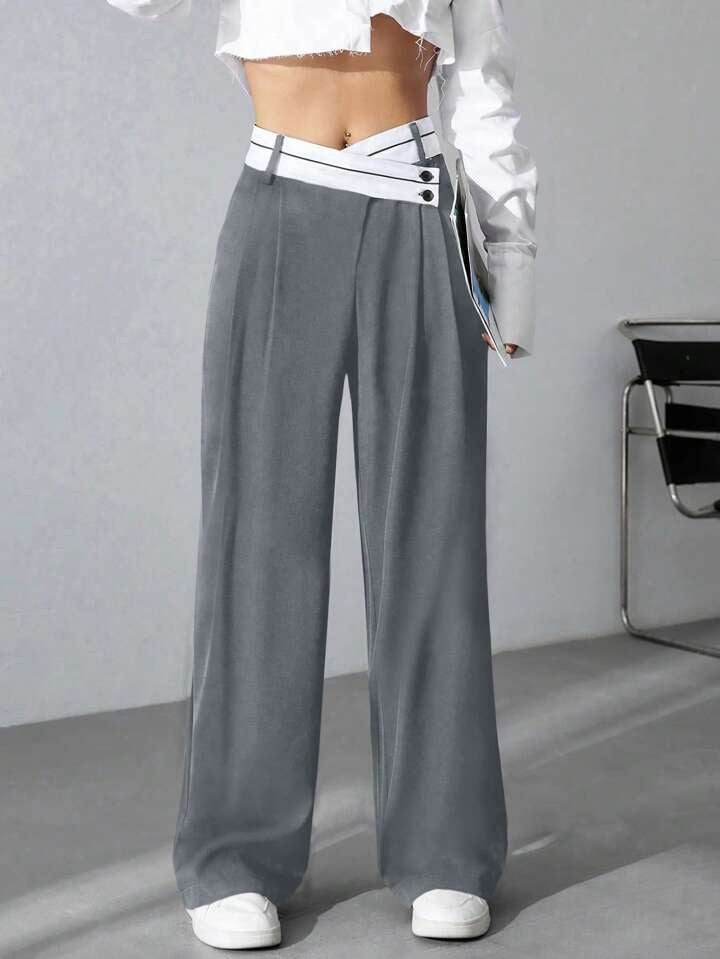 CM-BS040101 Women Casual Seoul Style Asymmetrical High Waist Straight Leg Pants - Gray