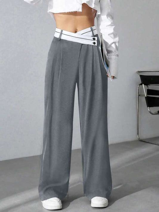 CM-BS040101 Women Casual Seoul Style Asymmetrical High Waist Straight Leg Pants - Gray