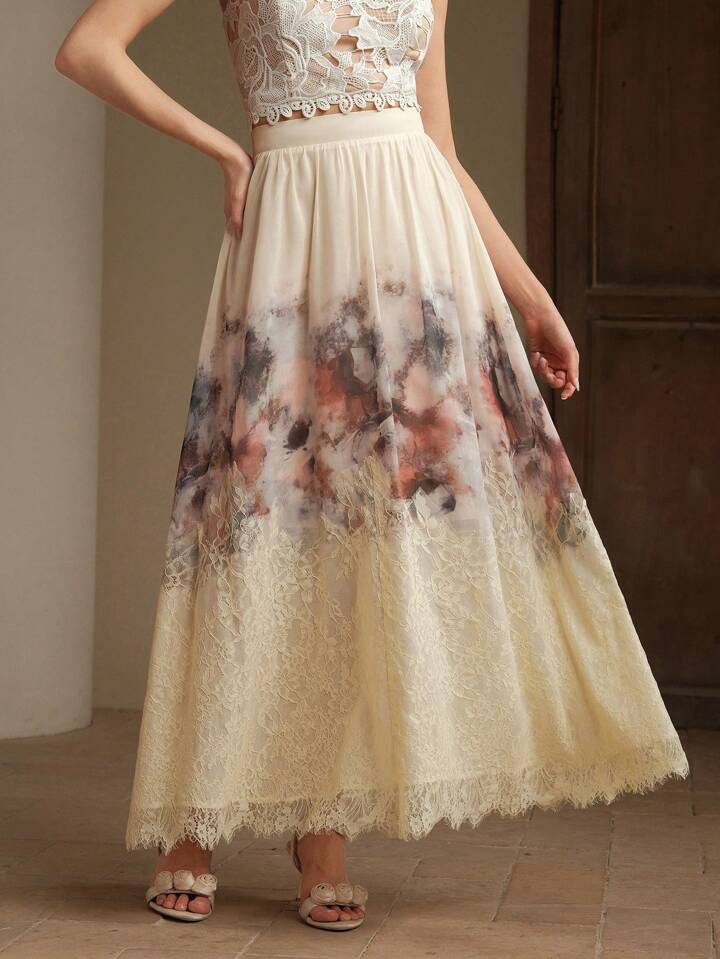 CM-BS999157 Women Elegant Seoul Style Mid Waist Contrast Lace Printed Flared Chiffon Maxi Skirt