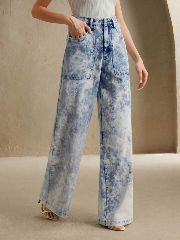 CM-BS002282 Women Elegant Seoul Style Light Wash Mid Waist Batik Tie-Dye Straight Leg Pants
