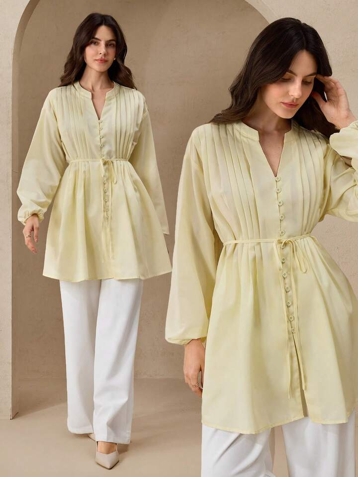 CM-TS894862 Women Elegant Seoul Style V-Neck Ruched Tie Front Long Sleeve Shirt - Pale Yellow