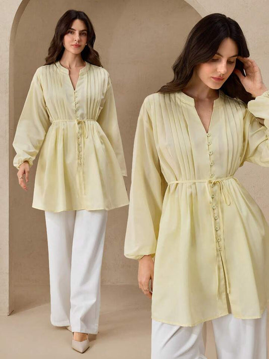 CM-TS894862 Women Elegant Seoul Style V-Neck Ruched Tie Front Long Sleeve Shirt - Pale Yellow