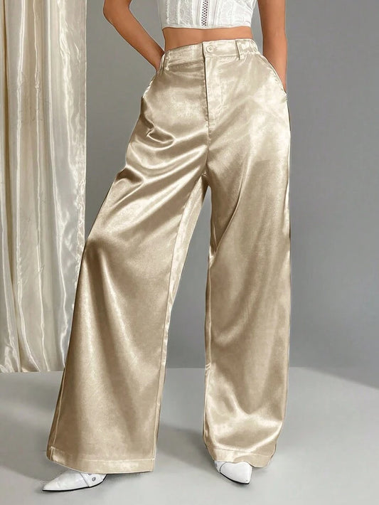 CM-BS393169 Women Casual Seoul Style Satin Elastic Waist Wide Leg Palazzo Pants - Apricot