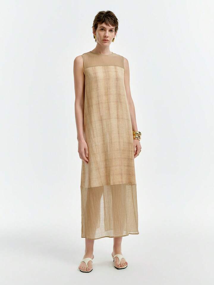 CM-DS638868 Women Trendy Bohemian Style Round Neck Sleeveless Mini Dress - Khaki