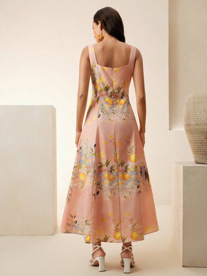 CM-DS571404 Women Trendy Bohemian Style Lemon Print Square Neck Sleeveless Mid Waist Maxi Dress