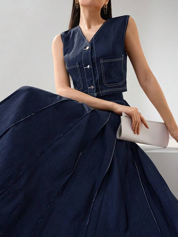 CM-SS998951 Women Elegant Seoul Style V-Neck Front Button Sleeveless Blouse With A-Line Skirt - Set