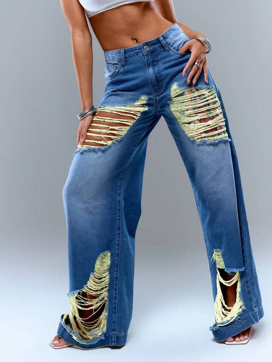 CM-BS471316 Women Casual Seoul Style Ultra Low Waist Printed Frayed Detail Jean - Blue