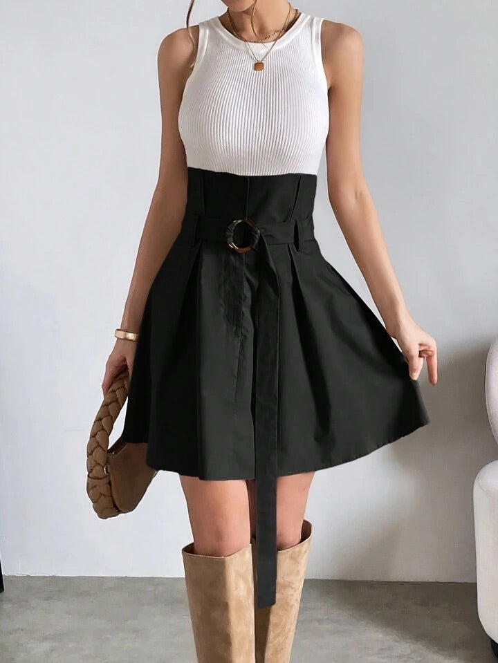 CM-BS554843 Women Casual Seoul Style Two Tone Fold Pleated Detail Belted Skirt