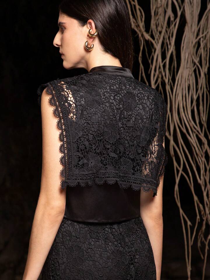 CM-TS147303 Women Elegant Seoul Style Stand Collar Barwing Sleeve Satin Lace Button Blouse - Black