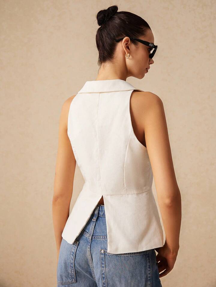 CM-TS484480 Women Casual Seoul Style V-Neck Sleeveless Buttoned Slits Shirt - Apricot