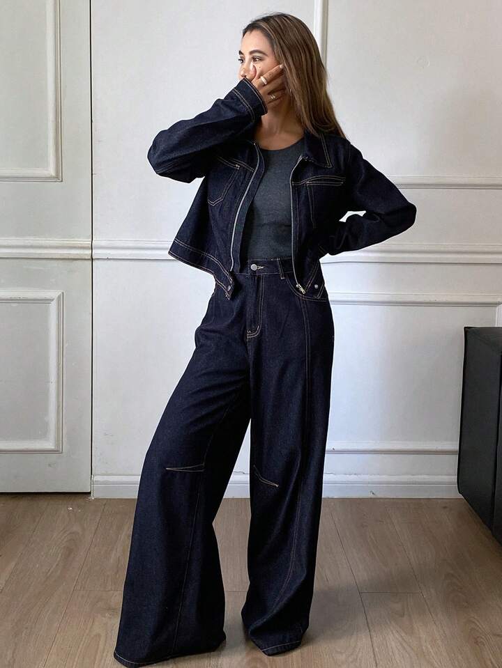 CM-SS534015 Women Elegant Seoul Style Collared Long Sleeve Jacket With Loose Fit Jeans - Set