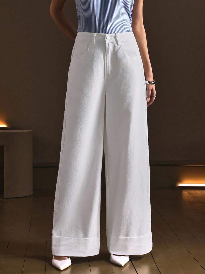 CM-BS517956 Women Casual Seoul Style Mid Waist Floral Lace Patchwork Straight Leg Jeans - White