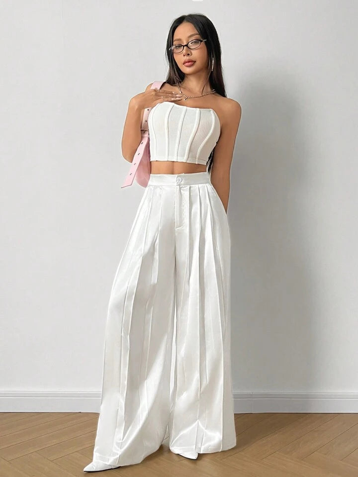 CM-BS196929 Women Casua Seoul Style Solid Color Pleated Wide Leg Trousers - White