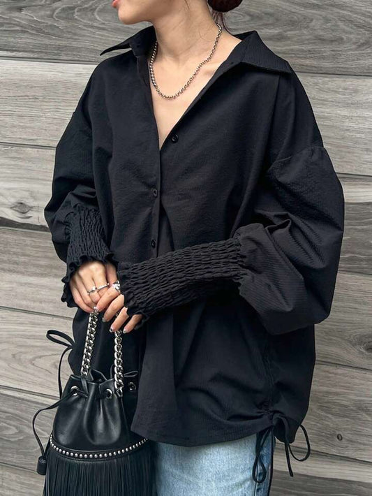 CM-TS551571 Women Casual Seoul Style Drop Shoulder Long Sleeve Single Breasted Shirt - Black