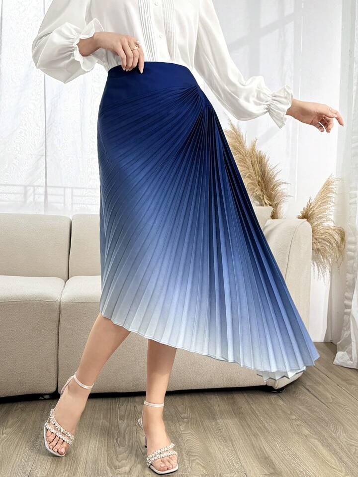 CM-BS558676 Women Elegant Seoul Style High Waist Gradient Color Pleated Skirt - Blue