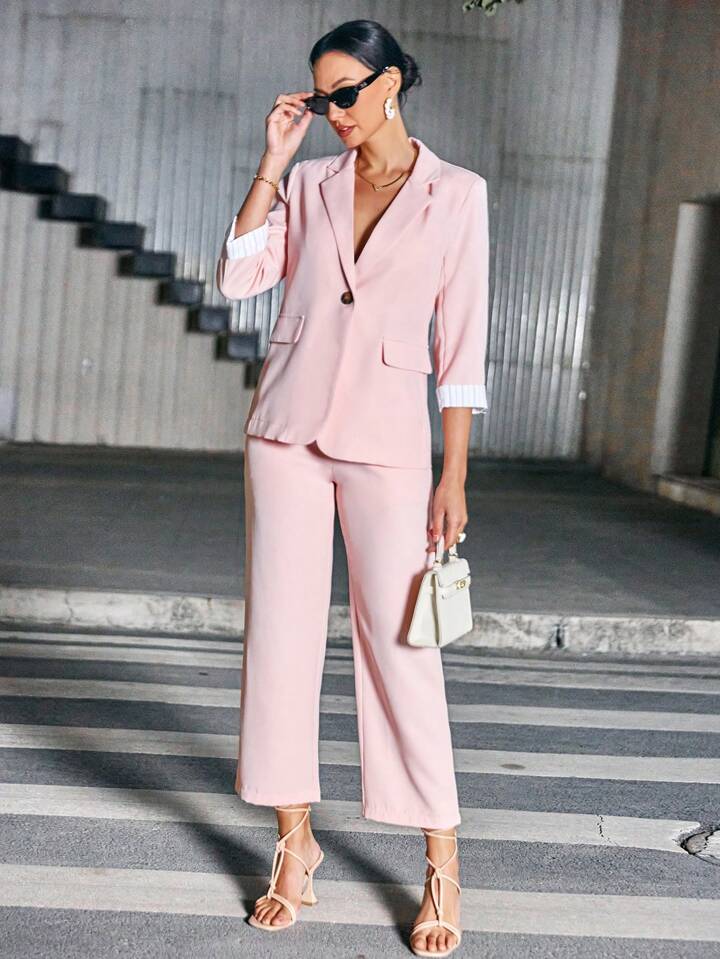 CM-SS822898 Women Elegant Seoul Style 3/4 Sleeve Lapel Blazer With Long Pants Suit - Pink