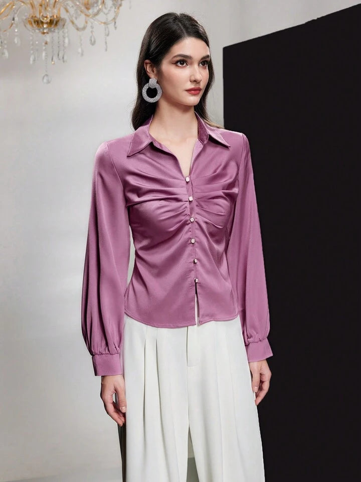 CM-TS958950 Women Casual Seoul Style Solid Color Button Detail Pleated Shirt - Mauve Purple